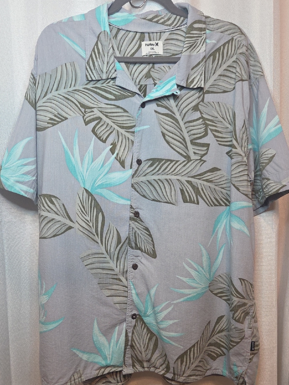 Hurley Gray Button-Up Shirt with Aqua Tropical Print
